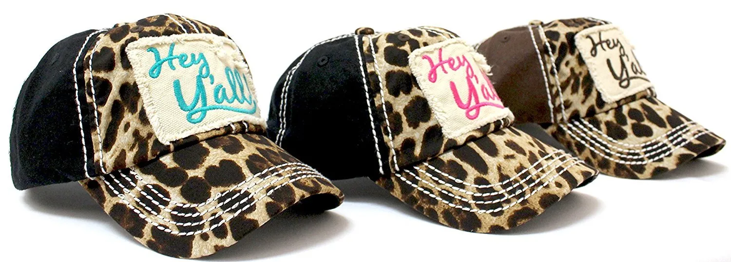 PINK & LEOPARD  "Hey Y'all!" Patch Embroidery Women's Hat