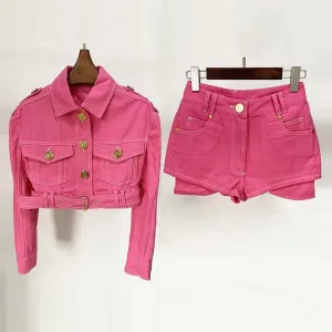 Pink Denim Two Piece Suits Jacket for Women Short Denim Jacket With Mini Shorts