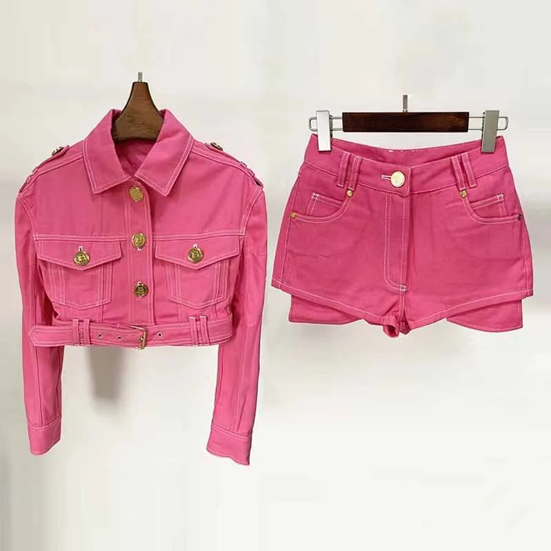 Pink Denim Two Piece Suits Jacket for Women Short Denim Jacket With Mini Shorts