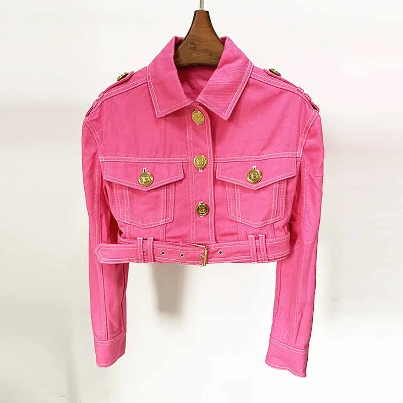 Pink Denim Two Piece Suits Jacket for Women Short Denim Jacket With Mini Shorts