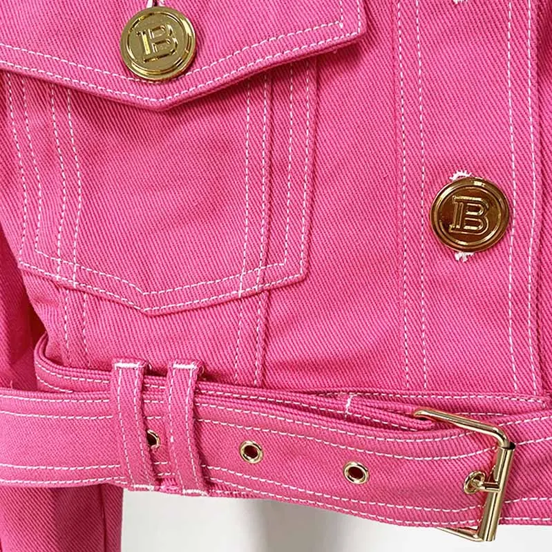 Pink Denim Two Piece Suits Jacket for Women Short Denim Jacket With Mini Shorts