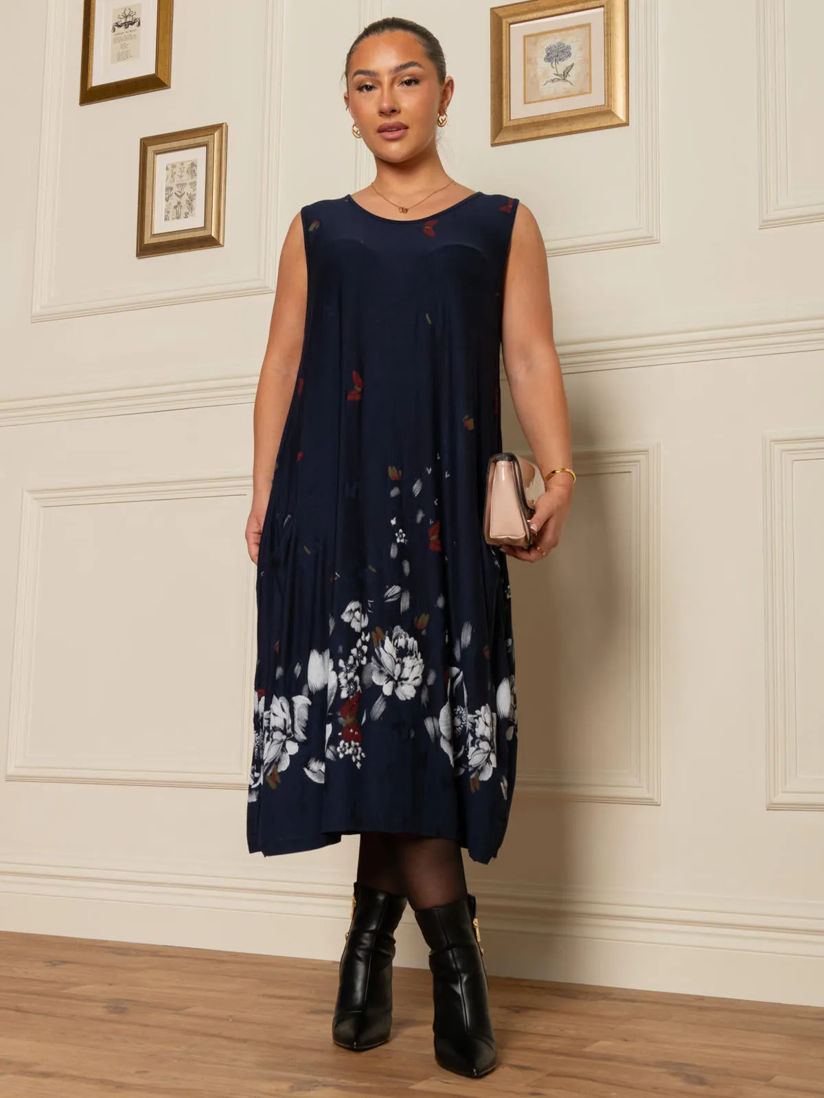 SLEEVELESS MIDI LENGTH TUNIC DRESS, Navy Multi