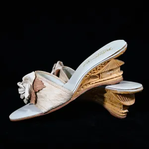 SOLD Vintage Tiki Carved Wood Wedge Slip on Mules