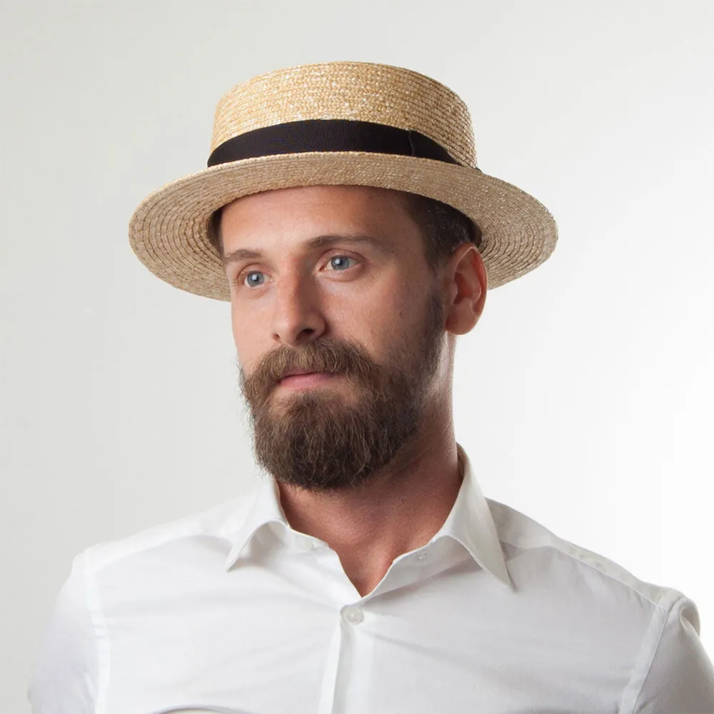 Straw Boater Hat with Black Band - Natural