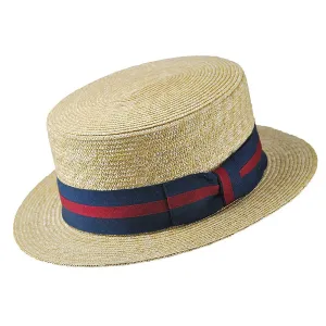 Straw Boater Hat with Striped Band - Natural