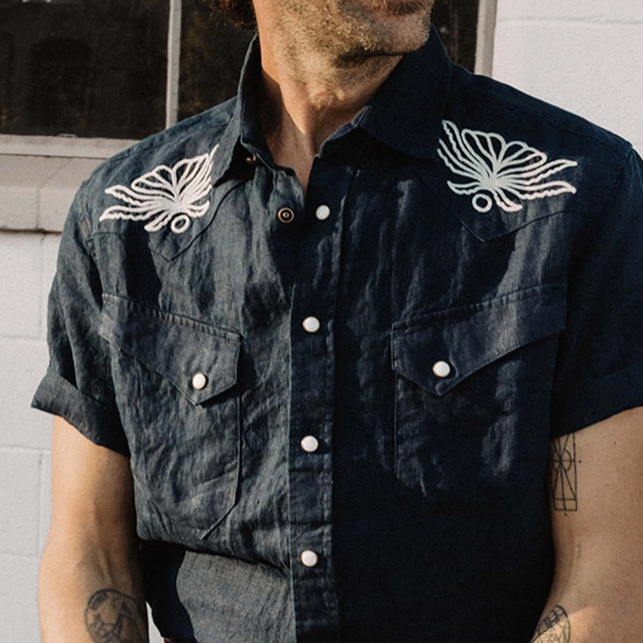 The Embroidered Short Sleeve Western in Indigo Linen