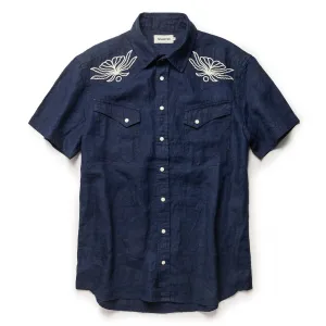 The Embroidered Short Sleeve Western in Indigo Linen