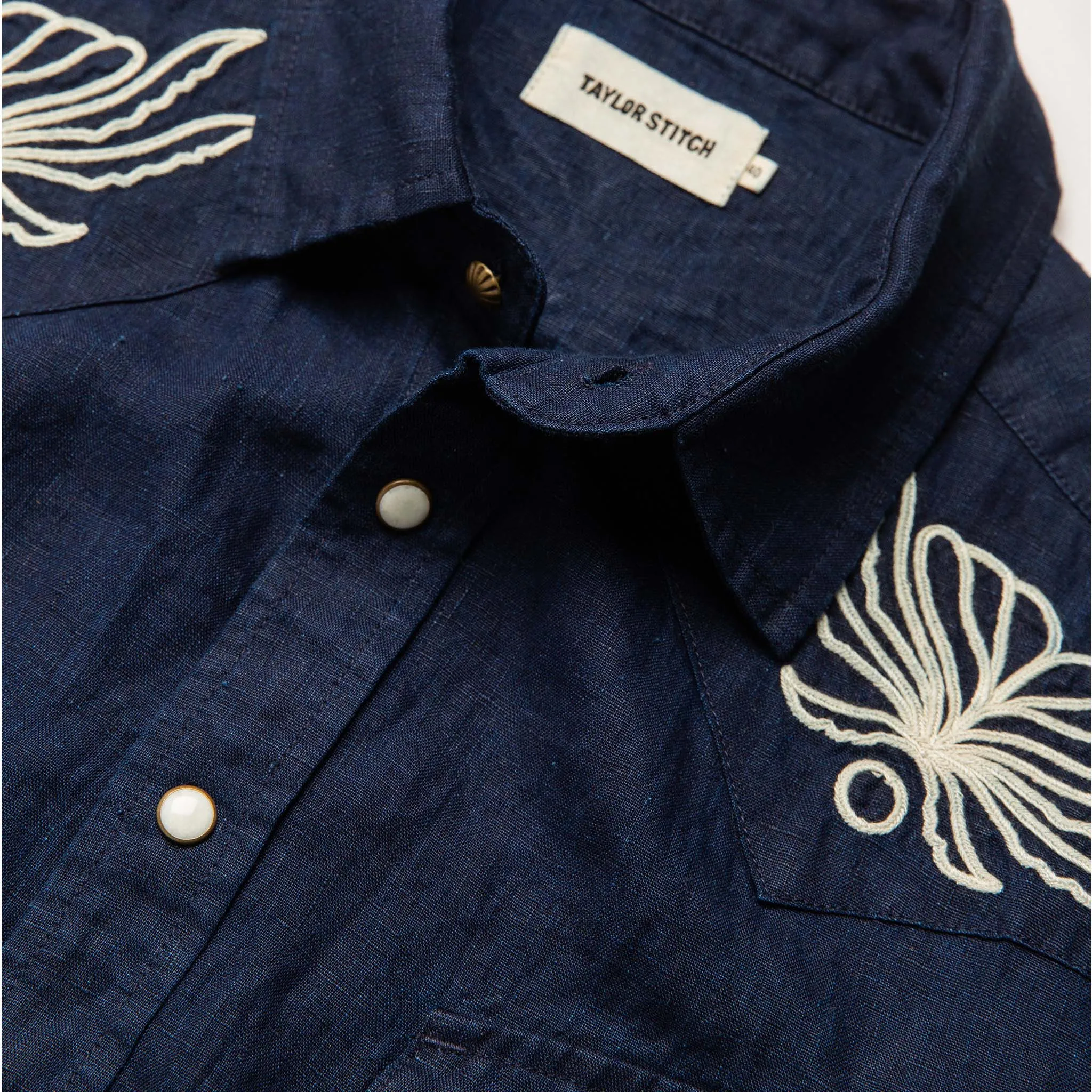 The Embroidered Short Sleeve Western in Indigo Linen