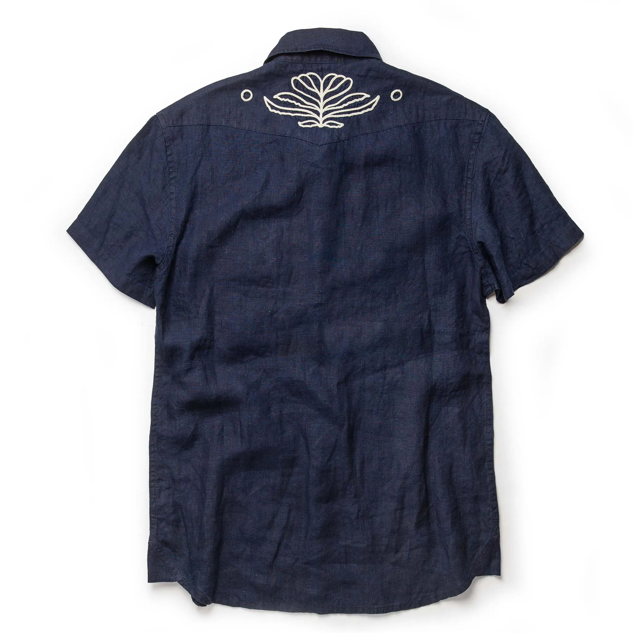 The Embroidered Short Sleeve Western in Indigo Linen