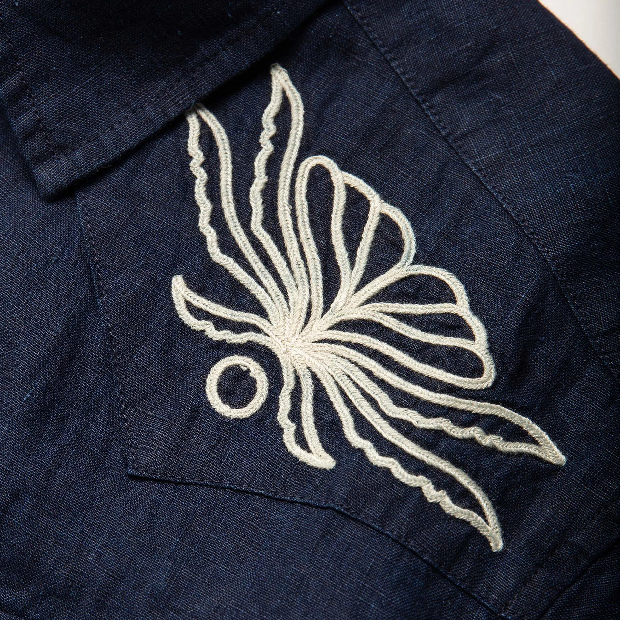 The Embroidered Short Sleeve Western in Indigo Linen