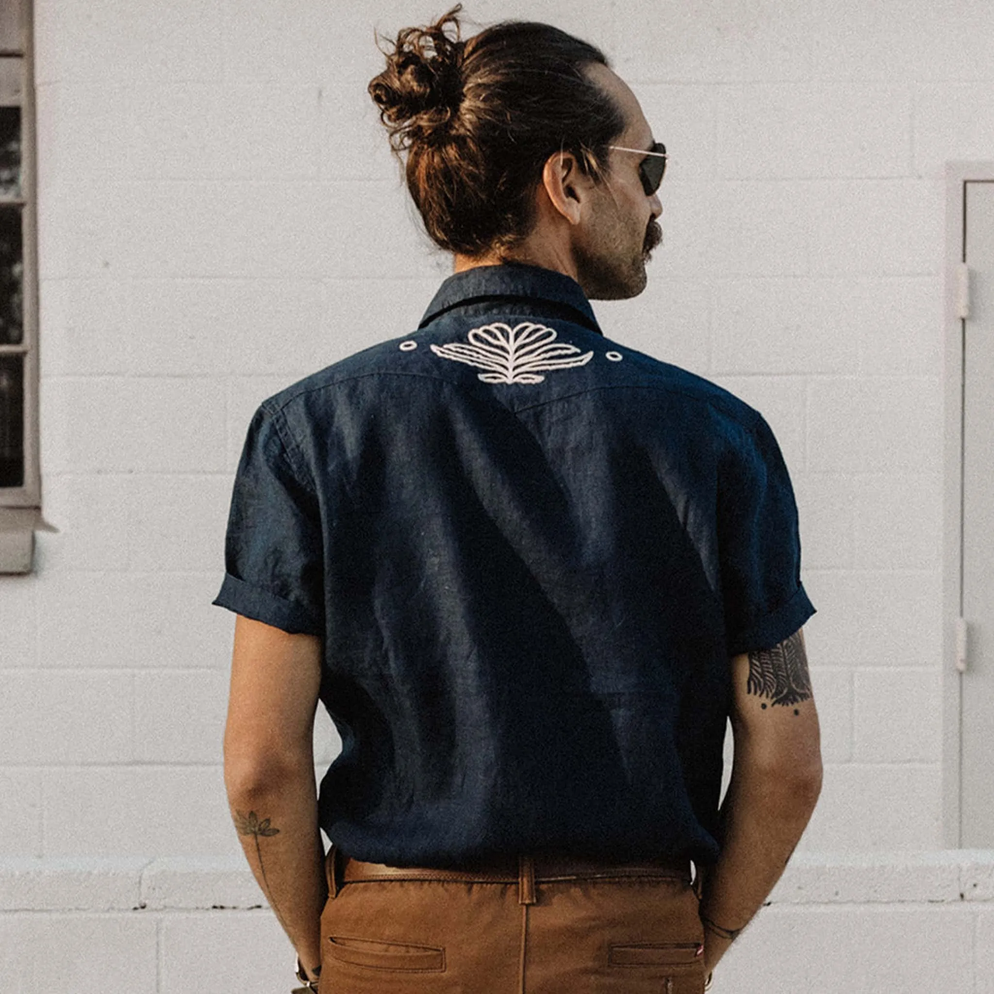 The Embroidered Short Sleeve Western in Indigo Linen