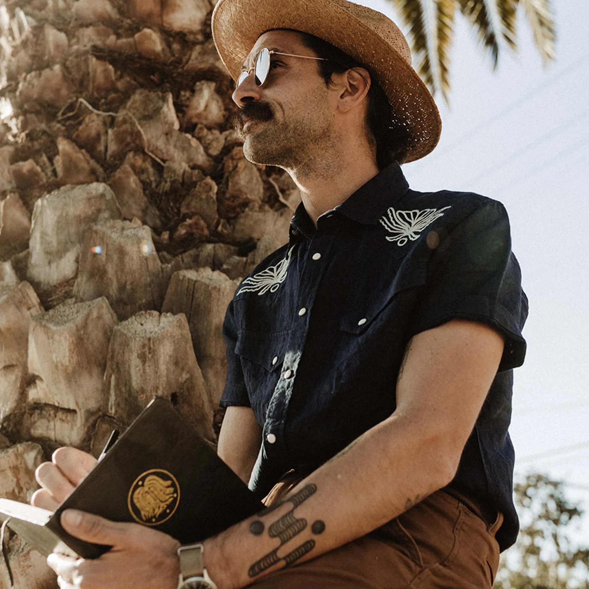 The Embroidered Short Sleeve Western in Indigo Linen