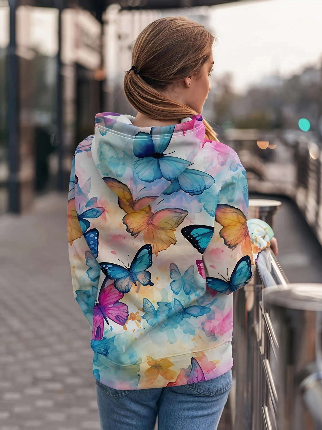 Vibrant Butterfly Print Kangaroo Pocket Hoodie - Soft, Casual, Long Sleeve Drawstring Sweatshirt with Relaxed Fit - Women's Comfy Clothing for Everyday Wear