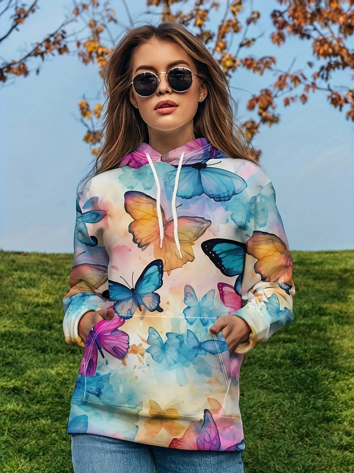 Vibrant Butterfly Print Kangaroo Pocket Hoodie - Soft, Casual, Long Sleeve Drawstring Sweatshirt with Relaxed Fit - Women's Comfy Clothing for Everyday Wear