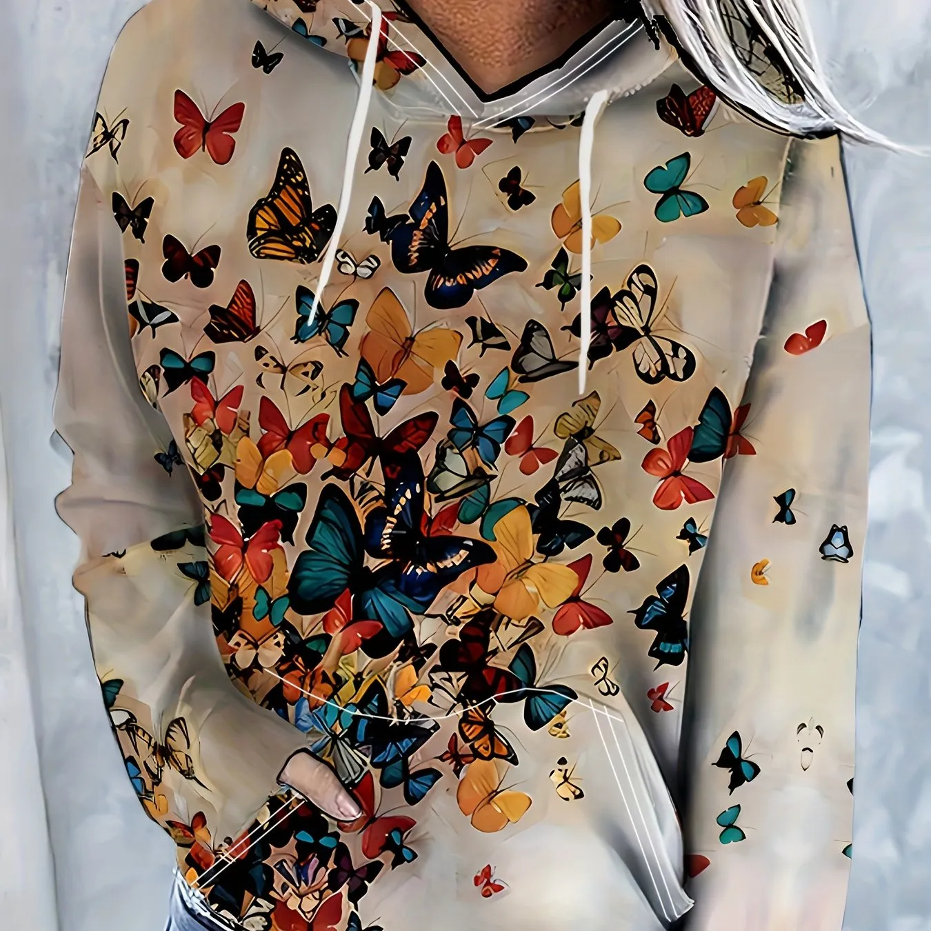 Vibrant Butterfly Print Kangaroo Pocket Hoodie - Soft, Casual, Long Sleeve Drawstring Sweatshirt with Relaxed Fit - Women's Comfy Clothing for Everyday Wear