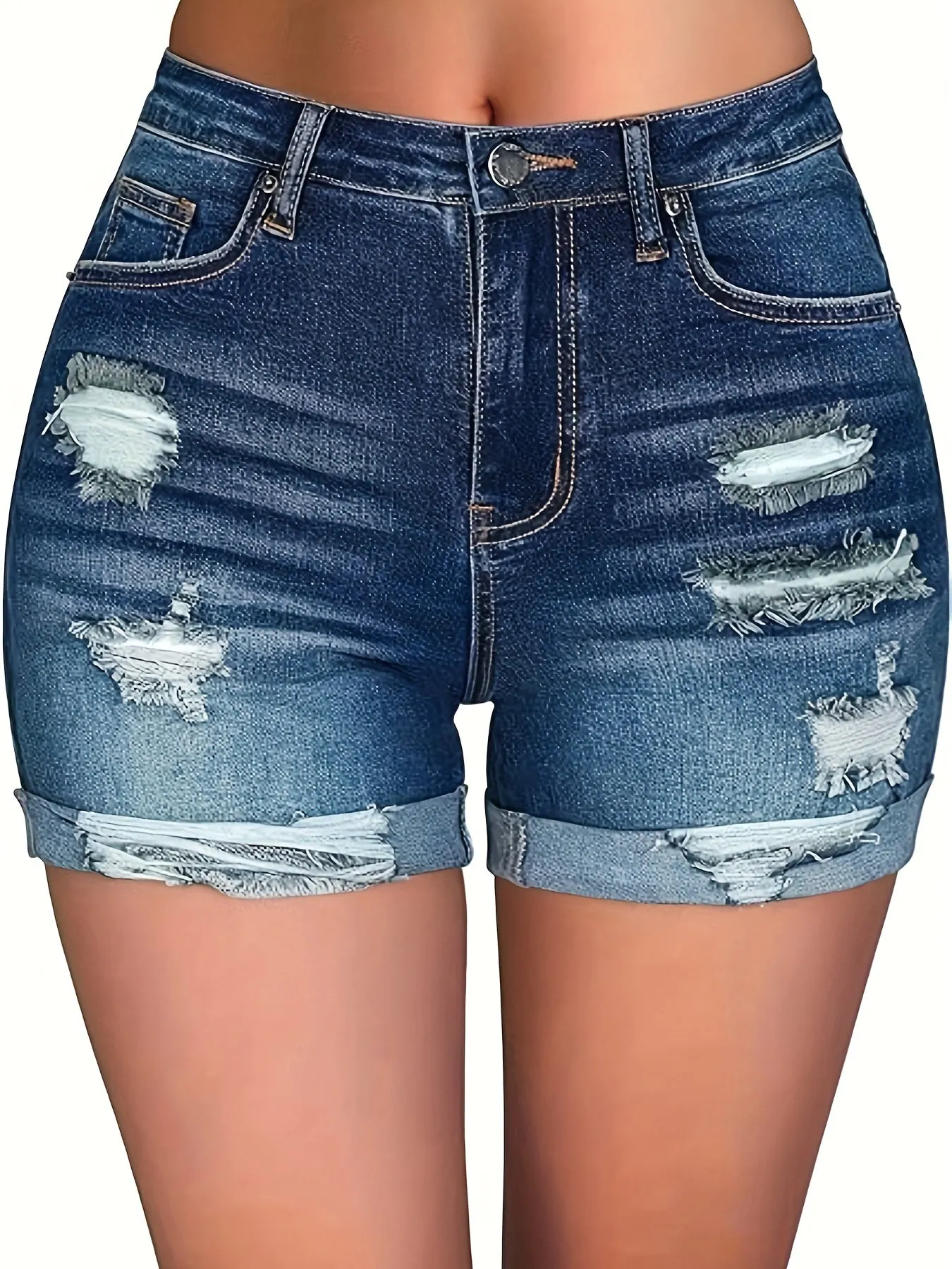 Vibrant Deep Blue Womens Denim Shorts - Relaxed Casual Style with Ripped Details, Mid Waist Design, Roll Up Hem - High-Quality Jean Material, Perfect for Summer Fashion and Chic Hot Pants Style