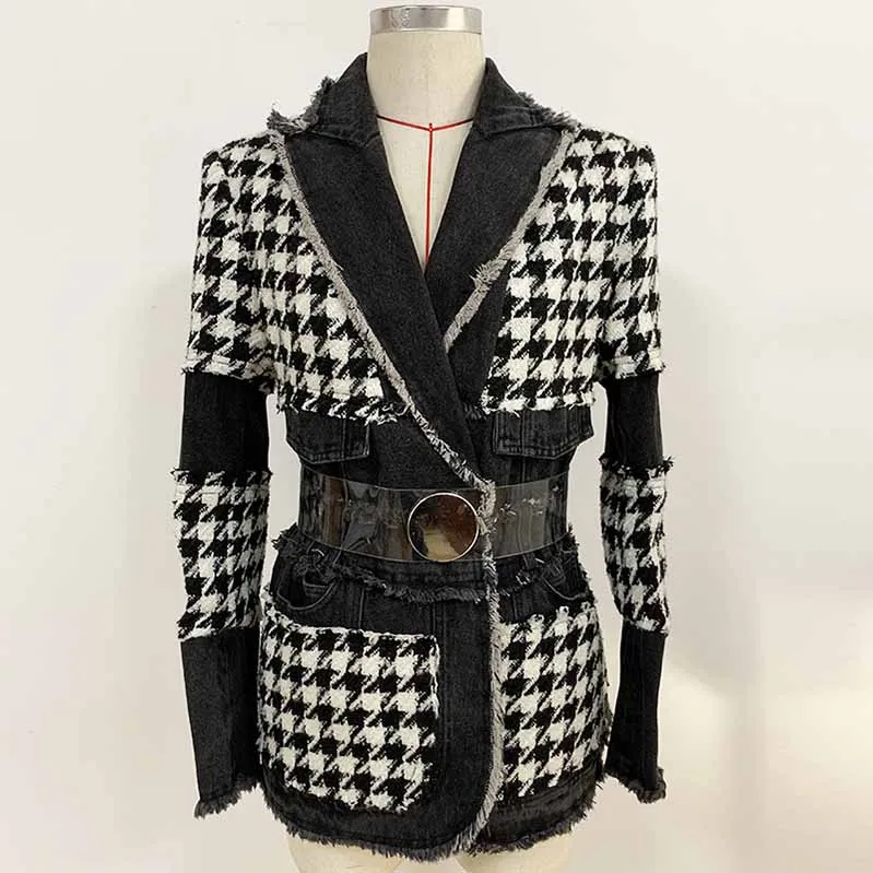 Vintage Tweed Patchwork Blazer For Women Silm Fitted One Button Jacket Coat