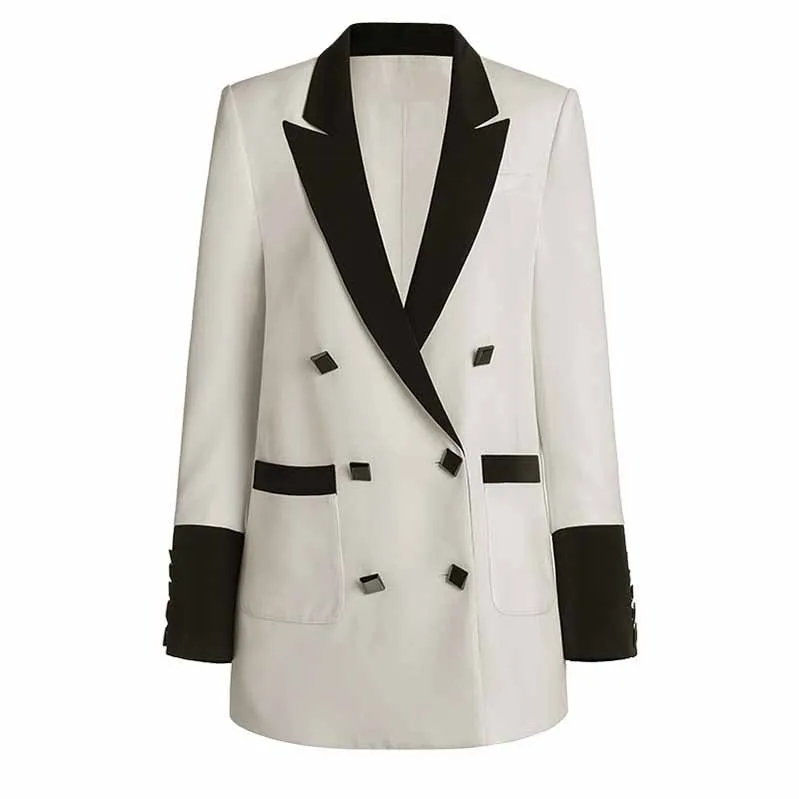 Women Black White Patchwork Double Breasted Blazer Middle Length Fashion Blazer