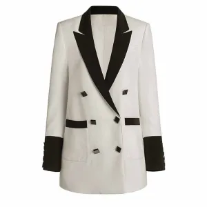 Women Black White Patchwork Double Breasted Blazer Middle Length Fashion Blazer