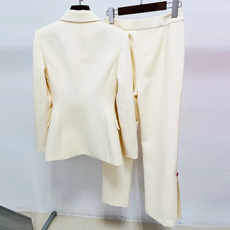 Women Fashion Apricot Blazer   Trousers Suit Two Piece Formal Pantsuits