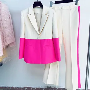 Women Hot Pink Light Beige Blazer   Flare Trousers Suit