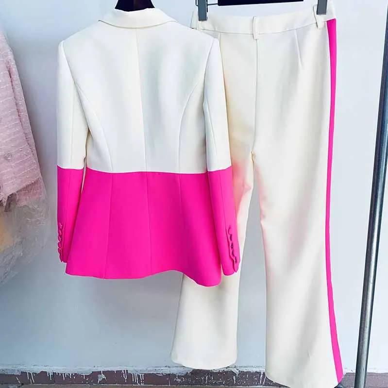 Women Hot Pink Light Beige Blazer   Flare Trousers Suit