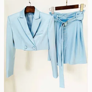 Women Long Sleeves Sky Blue Satin Short Blazer   Shorts Suit