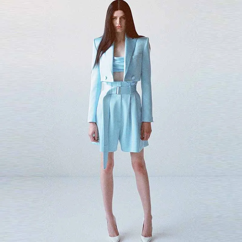 Women Long Sleeves Sky Blue Satin Short Blazer   Shorts Suit