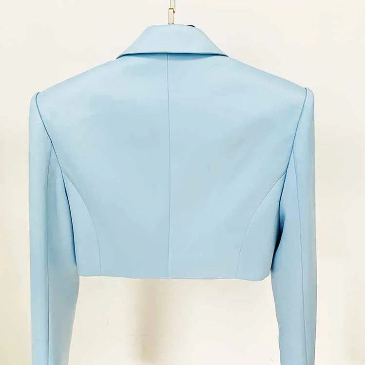 Women Long Sleeves Sky Blue Satin Short Blazer   Shorts Suit