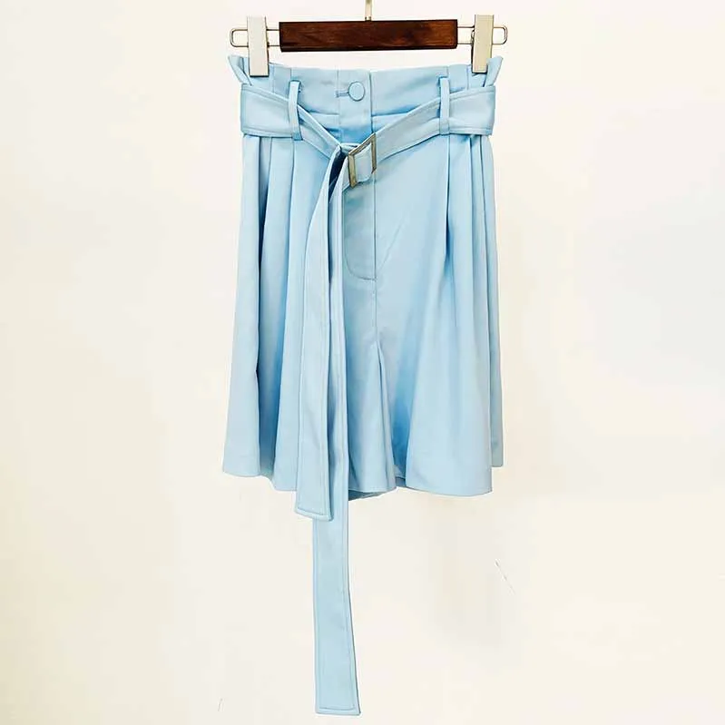 Women Long Sleeves Sky Blue Satin Short Blazer   Shorts Suit