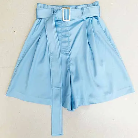 Women Long Sleeves Sky Blue Satin Short Blazer   Shorts Suit