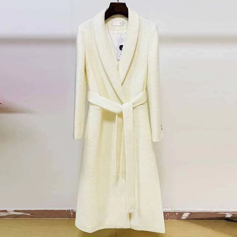 Women Long White Woolen Coat with A Belt and A Button Outwear