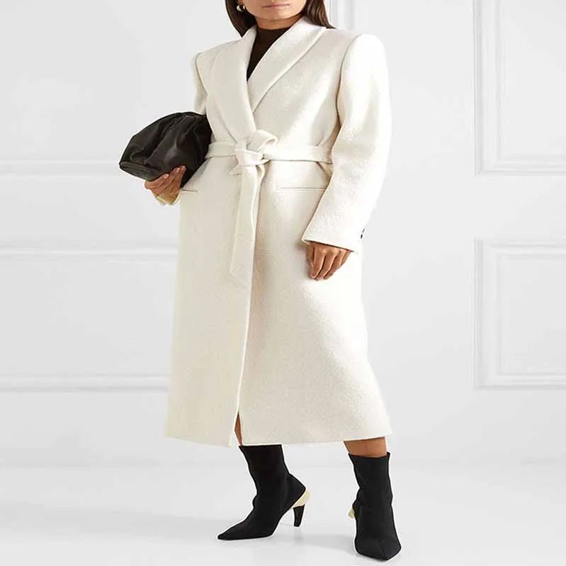 Women Long White Woolen Coat with A Belt and A Button Outwear