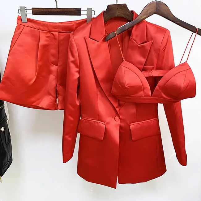 Women Red Bra  Blazer   Red Shorts 3 Pieces Suit