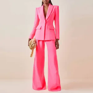 Women Rose pink Blazer   Flare Trousers Suit