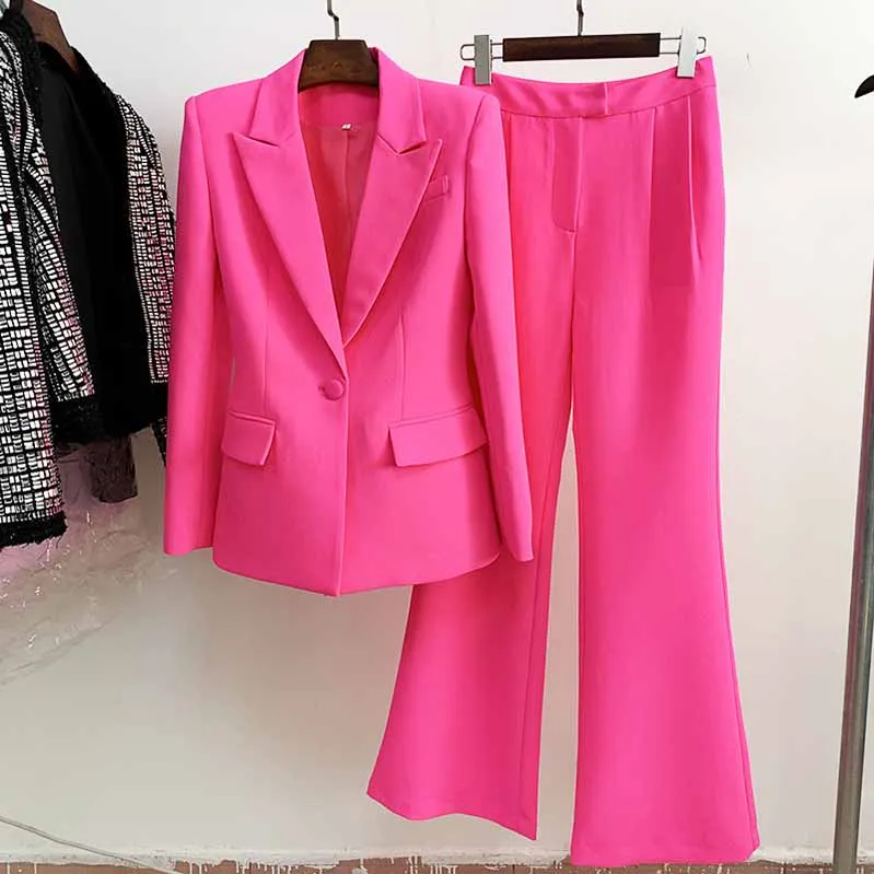 Women Rose pink Blazer   Flare Trousers Suit