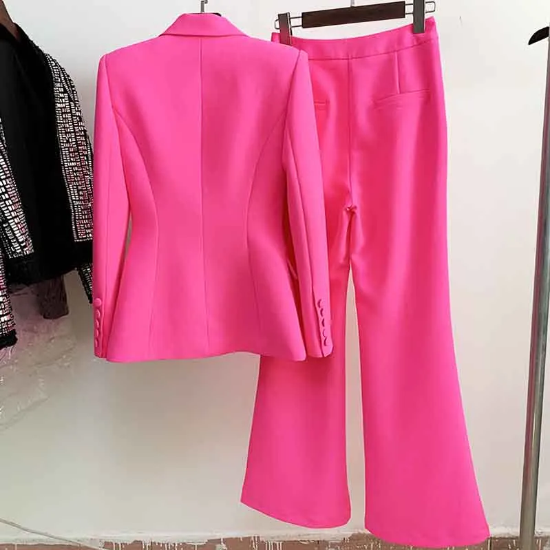 Women Rose pink Blazer   Flare Trousers Suit