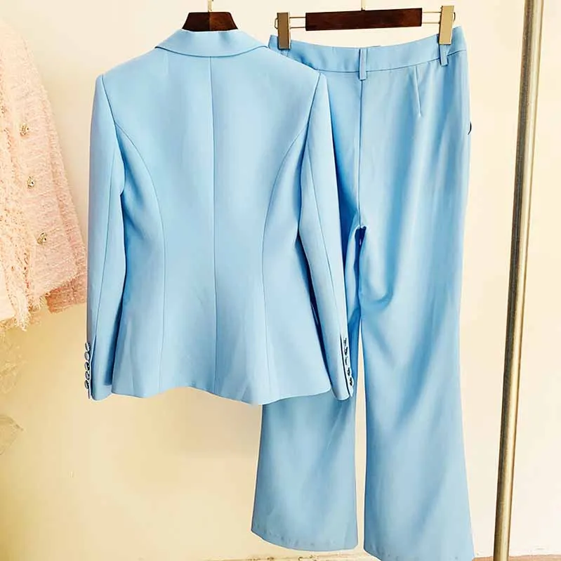 Women Sky blue Blazer   Flare Trousers Suit