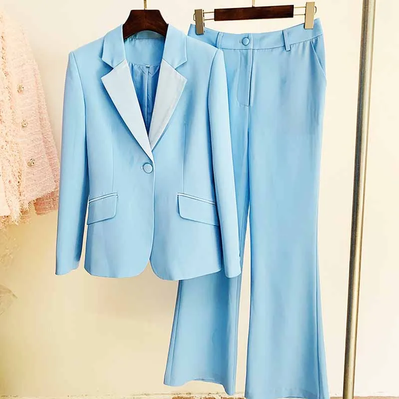 Women Sky blue Blazer   Flare Trousers Suit