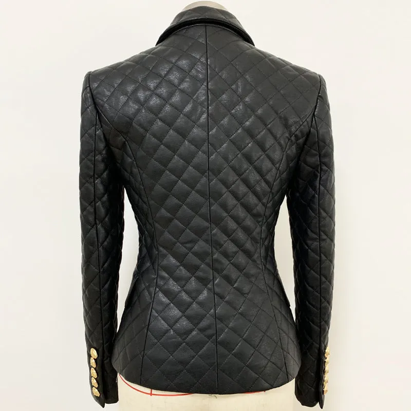 Women Slim-fit PU Leather Jacket Double Breasted Blazer In Black