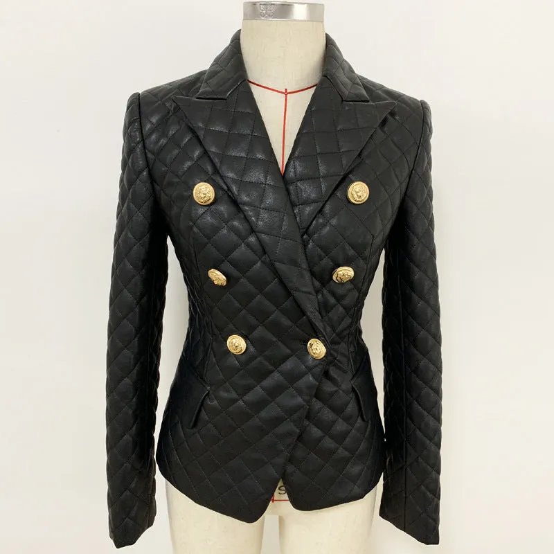 Women Slim-fit PU Leather Jacket Double Breasted Blazer In Black