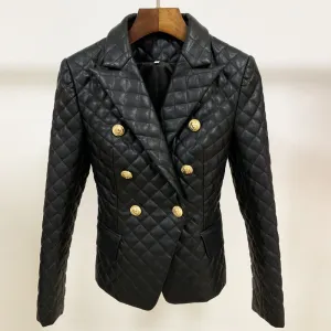 Women Slim-fit PU Leather Jacket Double Breasted Blazer In Black