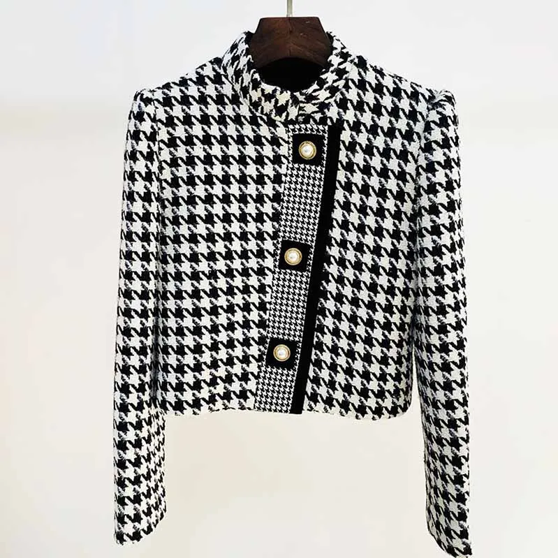 Women Tweed Thousand Bird Lattice Coat Fall Winter Leisure Short Woolen Jacket