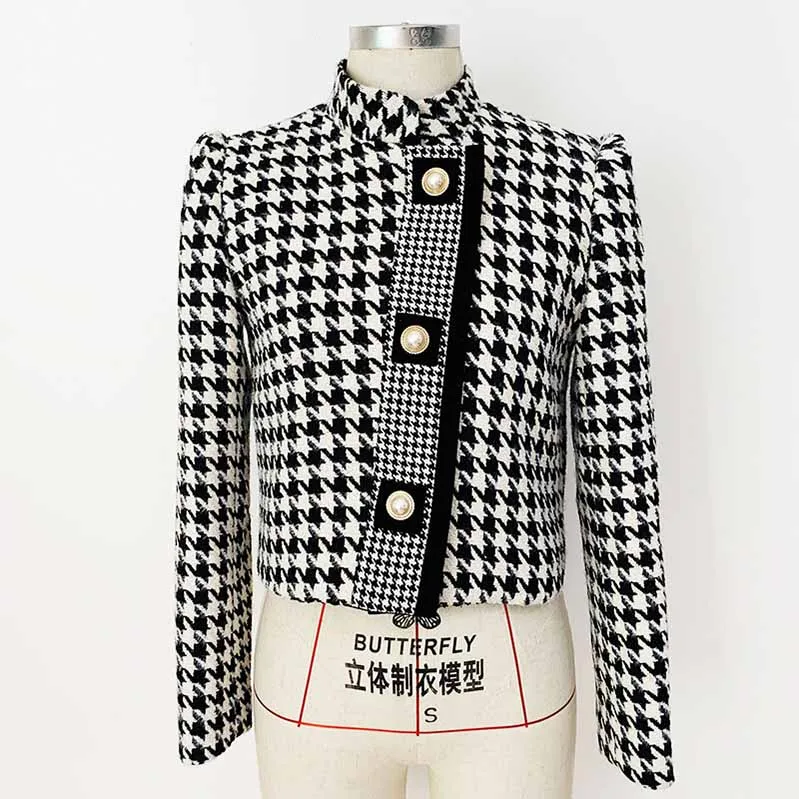 Women Tweed Thousand Bird Lattice Coat Fall Winter Leisure Short Woolen Jacket