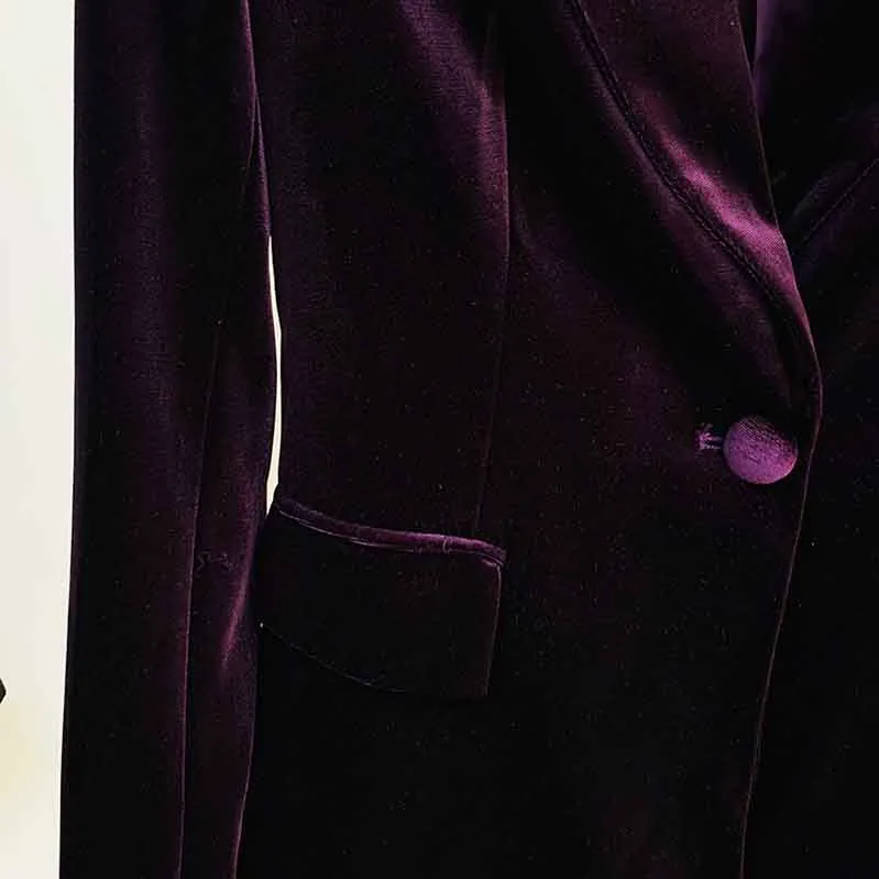 Women Velvet Dark Purple Blazer Pantsuit   Flare Trousers Suit