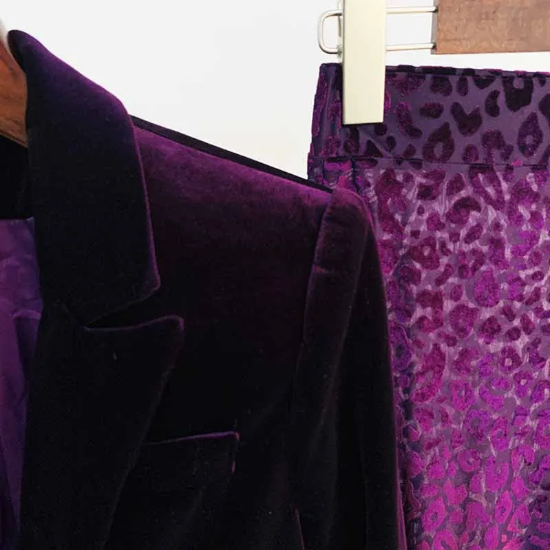 Women Velvet Dark Purple Blazer Pantsuit   Flare Trousers Suit