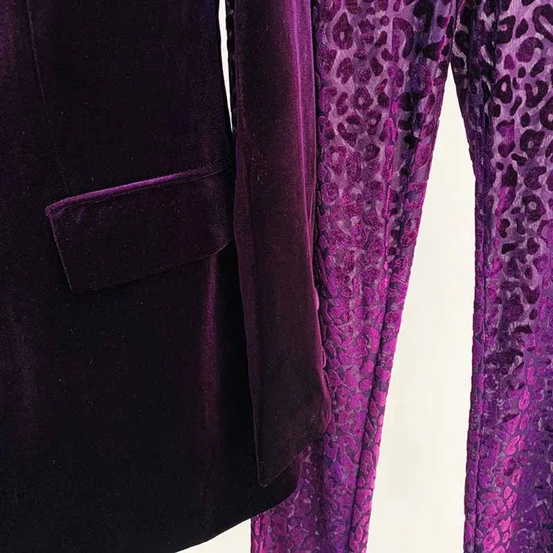 Women Velvet Dark Purple Blazer Pantsuit   Flare Trousers Suit