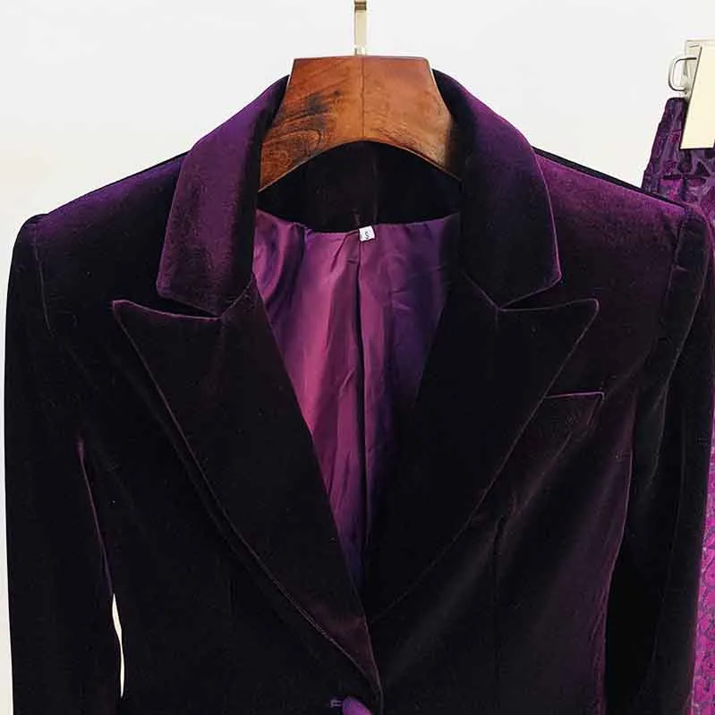 Women Velvet Dark Purple Blazer Pantsuit   Flare Trousers Suit