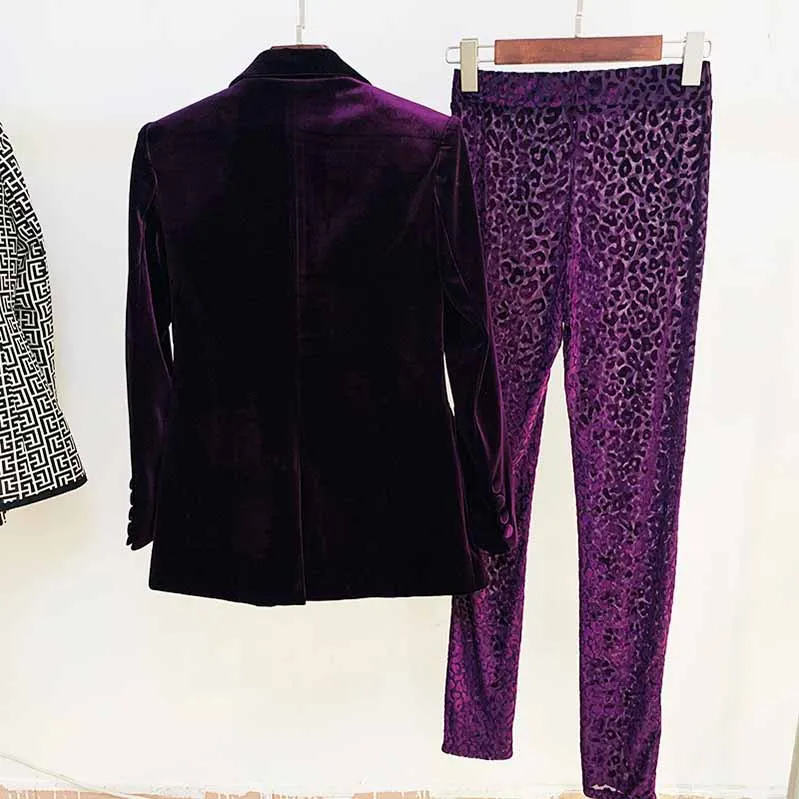 Women Velvet Dark Purple Blazer Pantsuit   Flare Trousers Suit