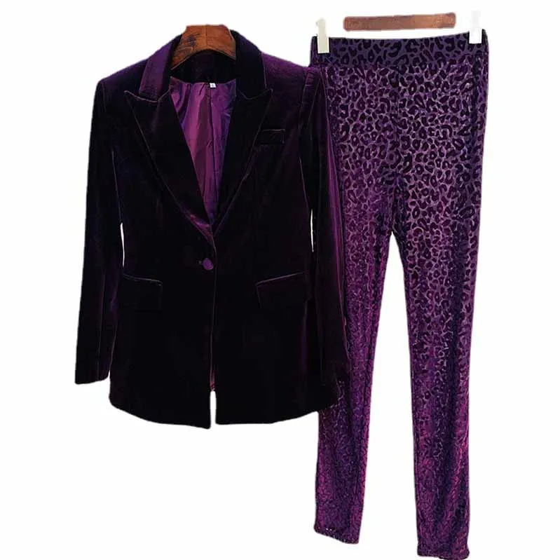 Women Velvet Dark Purple Blazer Pantsuit   Flare Trousers Suit